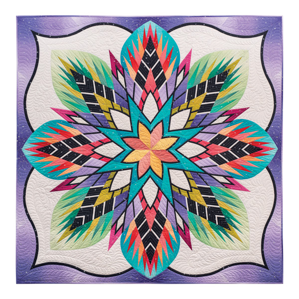 Akemi Sugiyama, Tokyo, Japan HANA KASANE-FLOWER LAYERING IV 69” x 69” Quilting Method: Hand Quilting Techniques: Appliqué (Hand), Embroidery (Hand), Piecing (Hand), Quilting (Trapunto)   Akemi made a large medallion by connecting many pieces and spreading out from the center. This quilt took two years to complete. While unable to go out at the COVID 19 pandemic, she made a quilt in bright colors to feel the breath of spring while watching the daily changes in the garden.