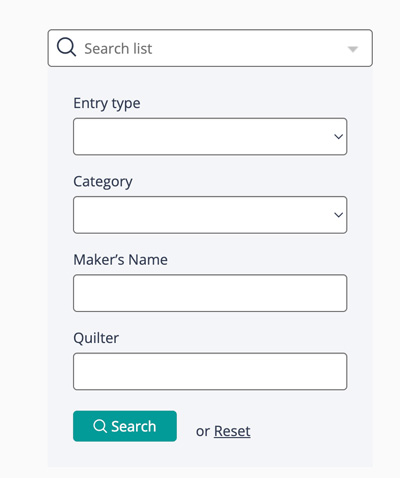 You can use the search bar to search by the name of the quilt and/or region. Please note, that quilts cannot be searched by the name of the quilter.  Click the arrow beside or below the search bar to access the filters. 